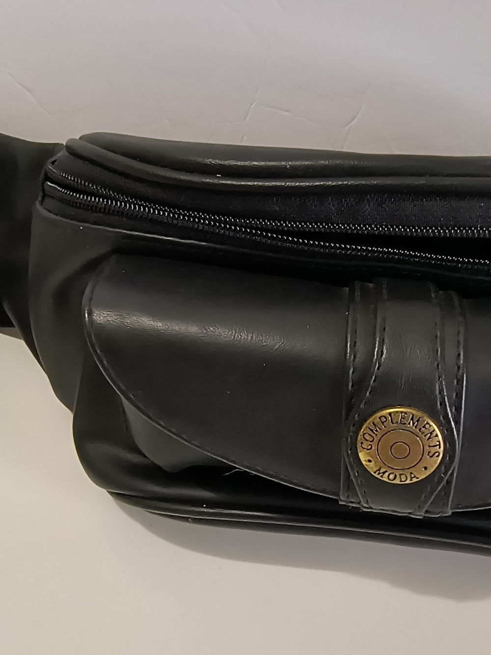 Black Leather Belt Bag with Front Flap and Brass Accent